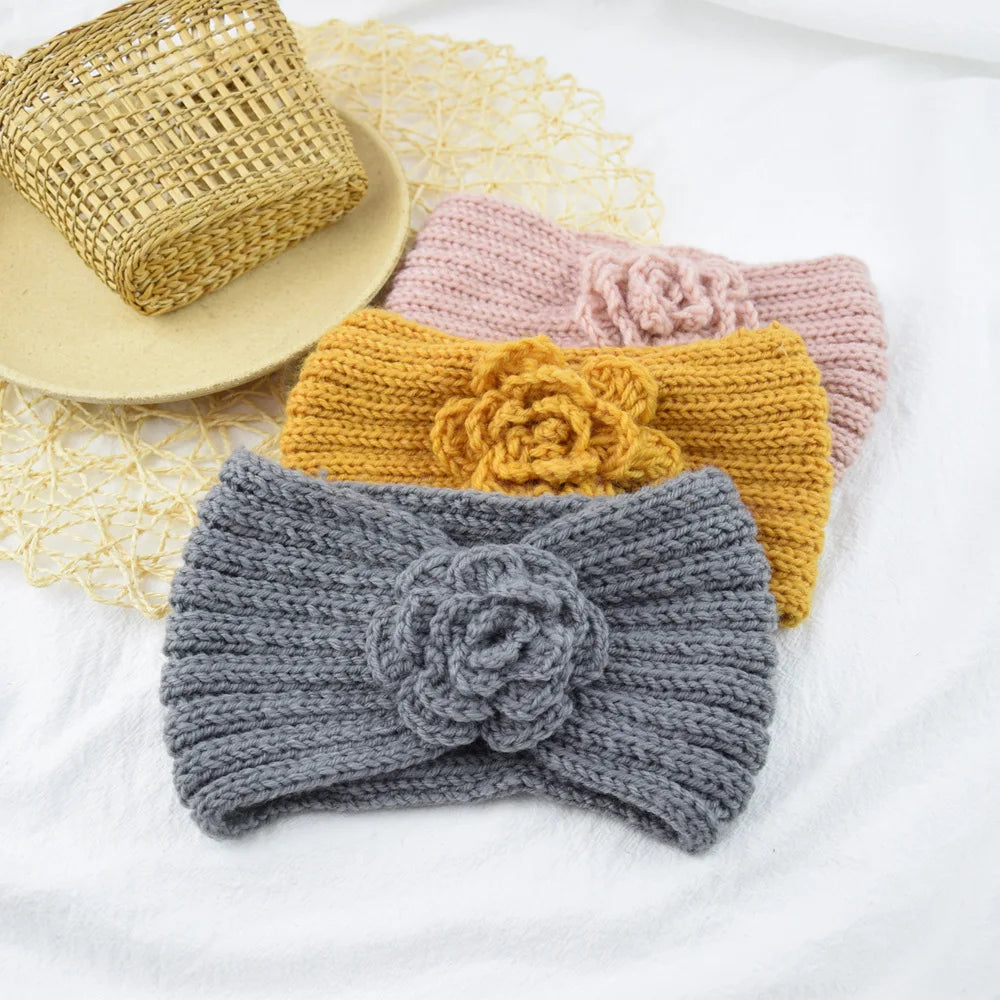 Women Rose Flower Knitted Headbands Women Autumn Winter Crochet Head Wrap wide Woolen Hairband Turban Bandana Hair Accessories - NamafadStore