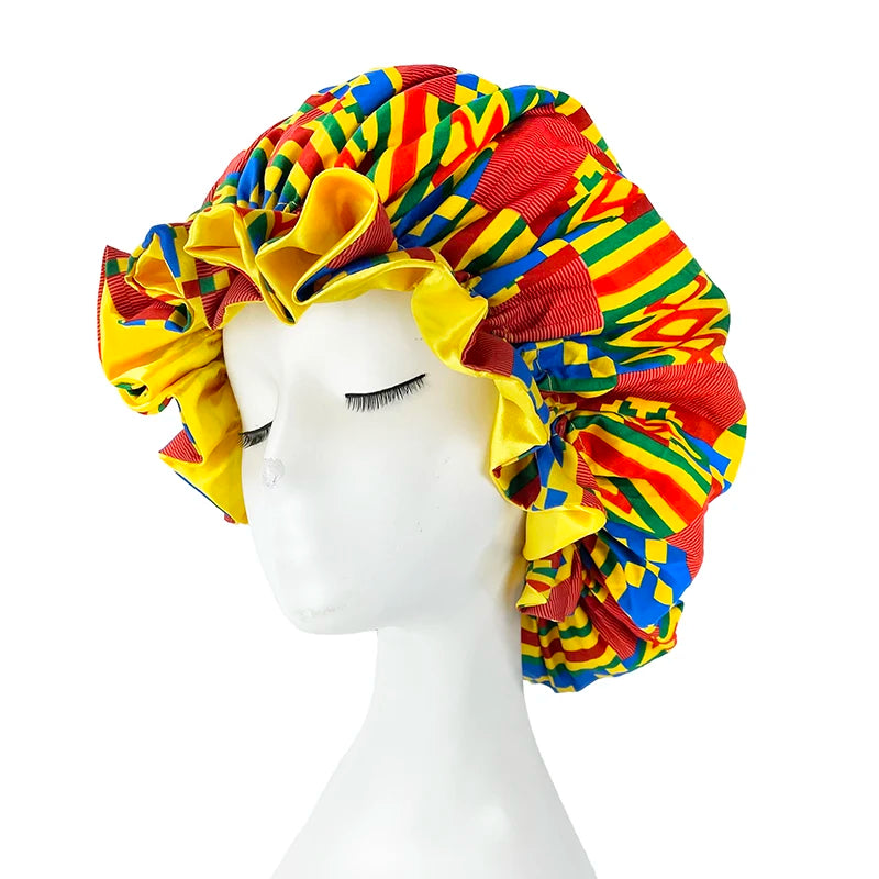 African Pattern Print Bonnet Hijabs Hat Women Night Sleep Cap Double Layer Satin Turban Extra Large Head Wear Lady Head Wrap Hat - NamafadStore