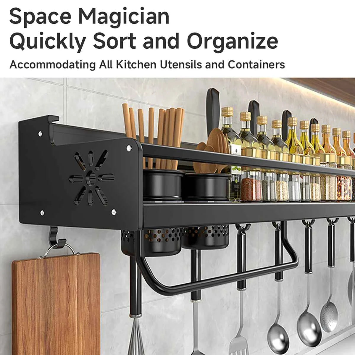 Metal Kitchen Shelf No-Punch Large Capacity Storage Kitchen Utensils Skeletonized Drainage Design Easy to Clean Black