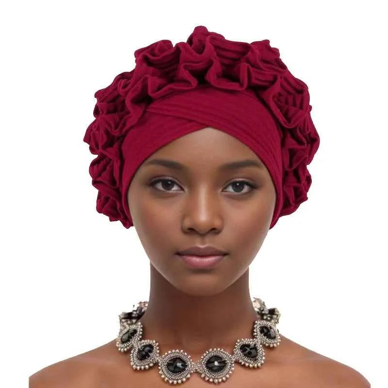 Ruffle Flower Women’s Turban Cap – African & Indian Headwrap, Muslim Bonnet Headscarf