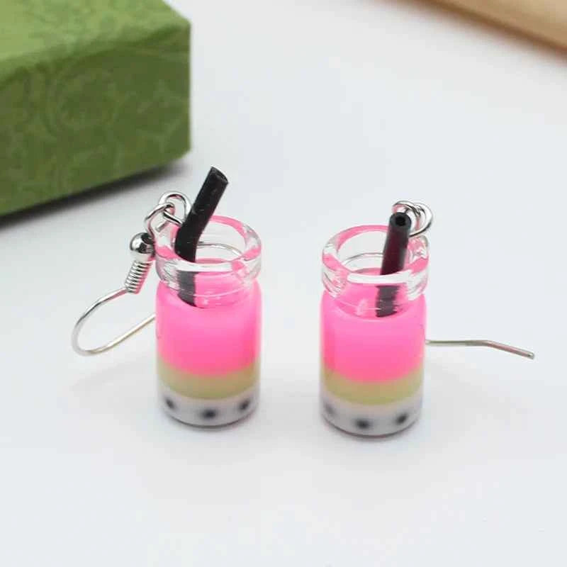 Trend Creative Funny Three Layers Colored Bubble Milky Tea Pendant Earrings for Women Personality Drink Ear Jewelry Girl Gift
