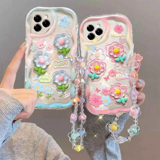 3D Cartoon Cute Flower Case For iPhone 16 15 14 Plus 13 12 Mini 11 Pro XR XS Max cover With Wrist Chain