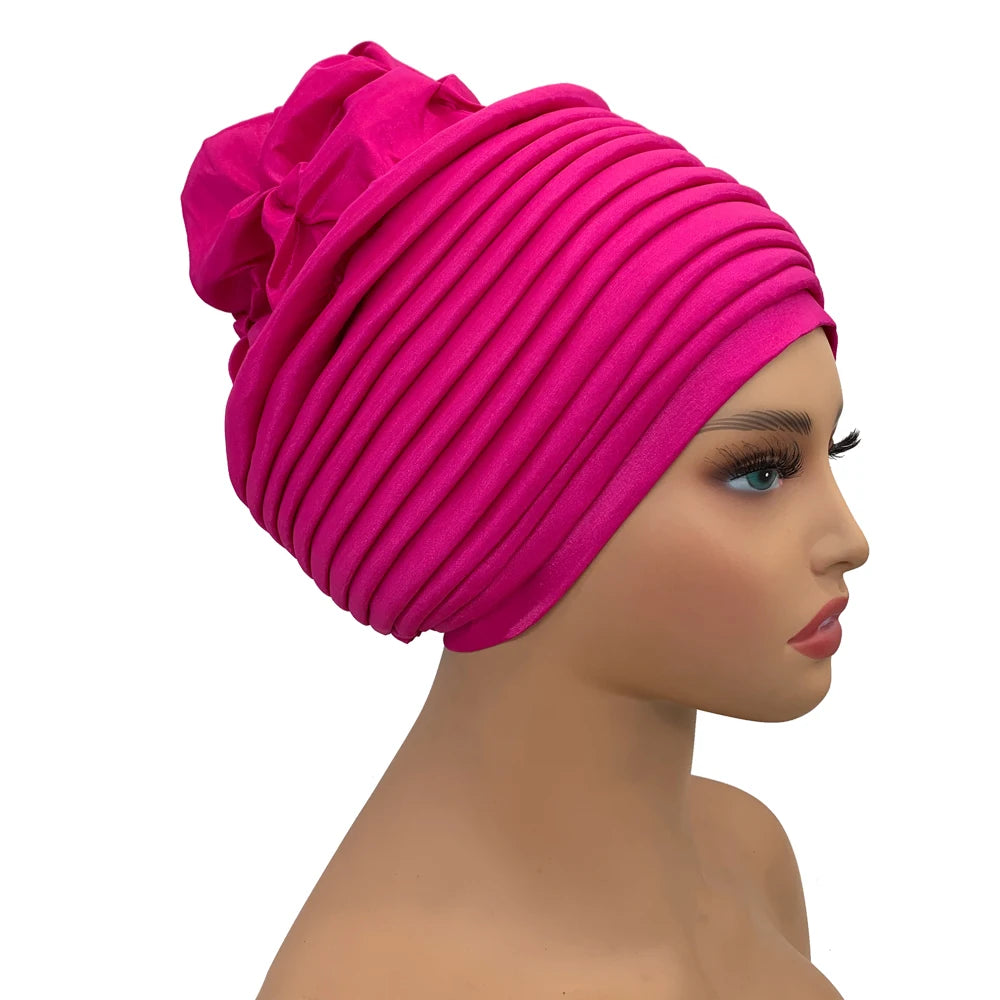 New Raw Silk Pleated Turban Cap for Women African Female Head Wraps Nigeria Lady Headwear Hat Wedding Headtie - NamafadStore