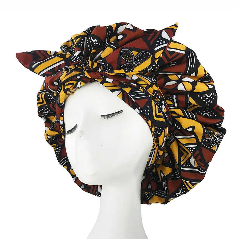 New African Ankara Pattern Satin Linned Bonnet Women Long Ribbon Headwrap Double Layer Headscarf Big Size Adult Hair Cover