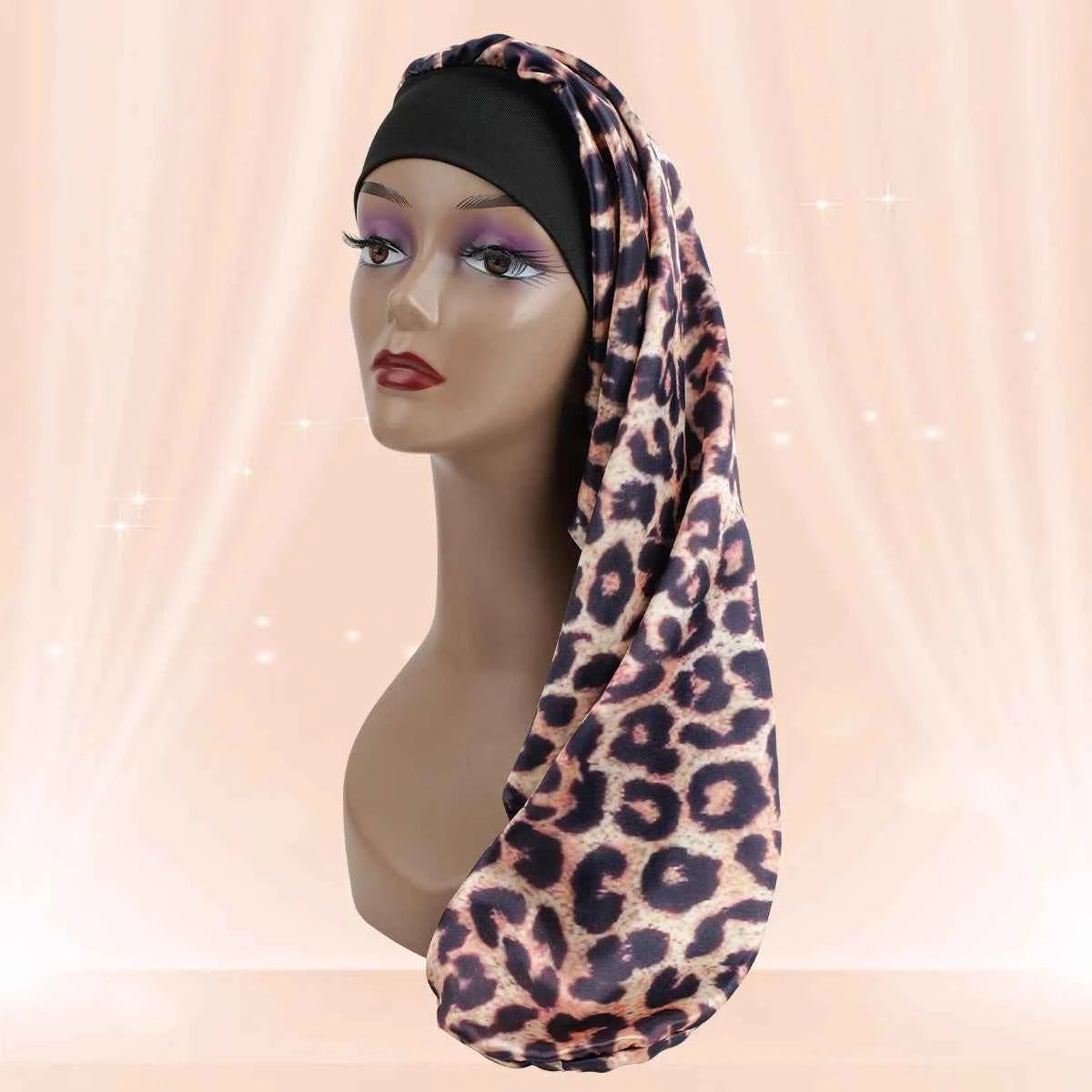 Women's Long Round Tail Bonnet-Silk Sleep Bonnet with Wide Elastic Edge-Hair Protector for Curly & Straight Hair-Leopard Print