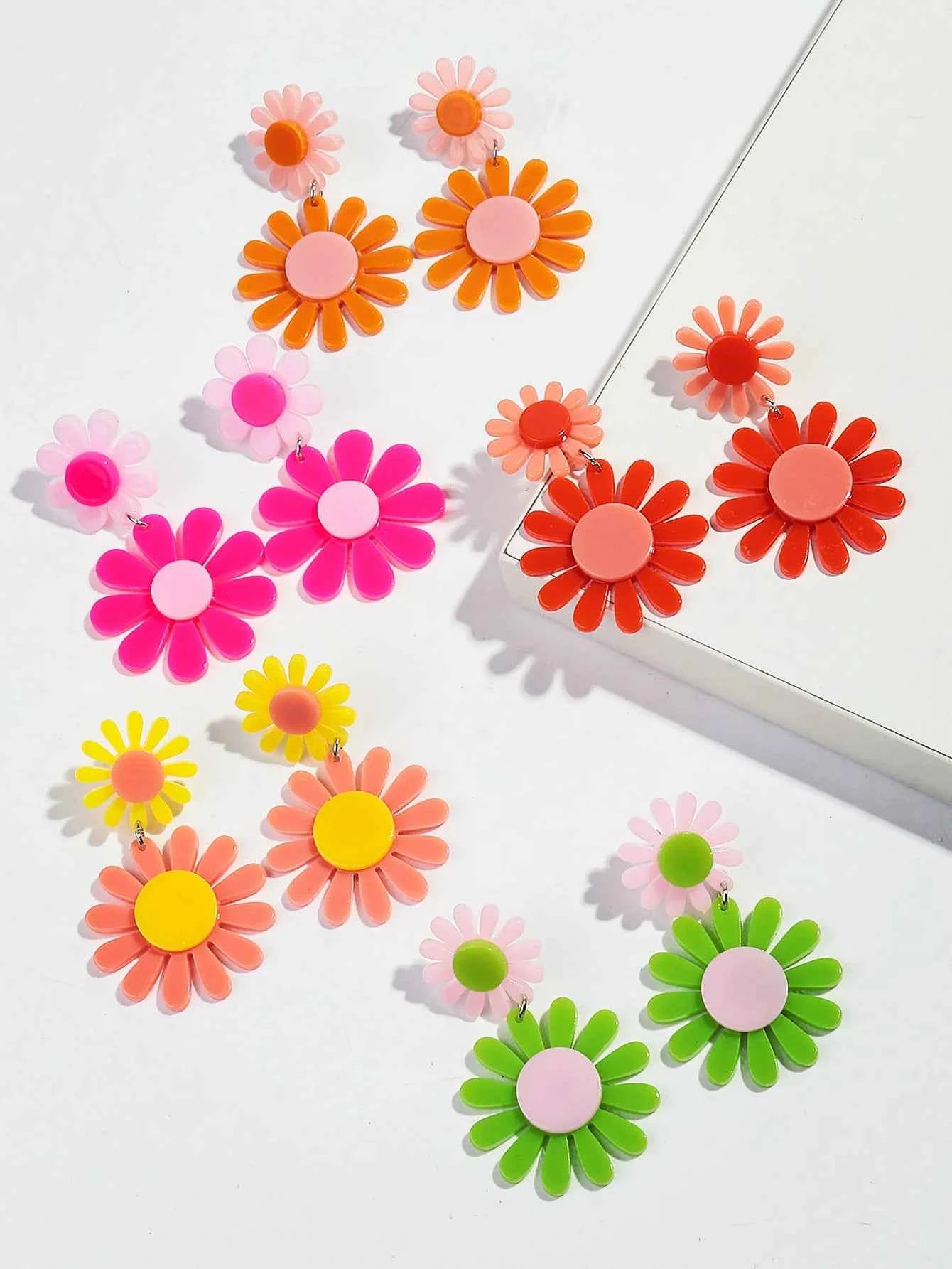 Boho Colorful Acrylic Sunflower Women's Earrings 2024 Trendy Geometric Daisy Flower Long Drop Earring Cute Simple Jewelry Gifts