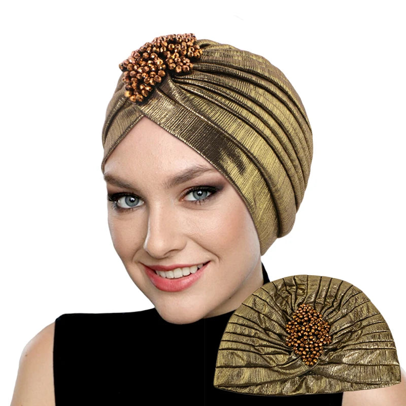 New Women's Luxury Diamond Turban Cap Muslim Indian Hat Bandana Elastic Beanies Chemo Cap African Hat Headwear - NamafadStore