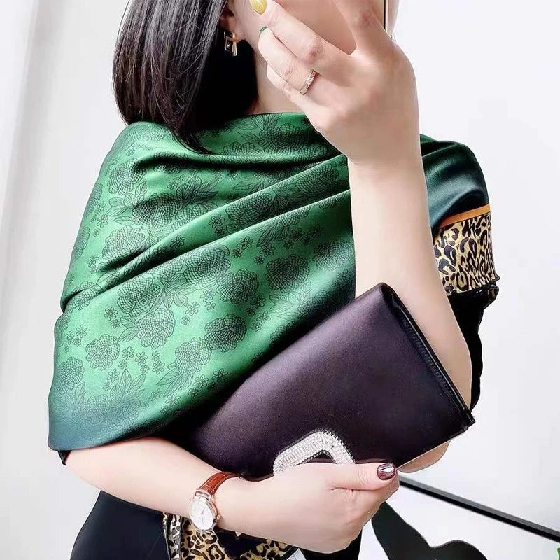 [BYSIFA] New Emerald Green Silk Scarf Women Brand Leopard Printed Square Scarves 90*90cm Fashion Accessories Headscarves Hijabs - NamafadStore