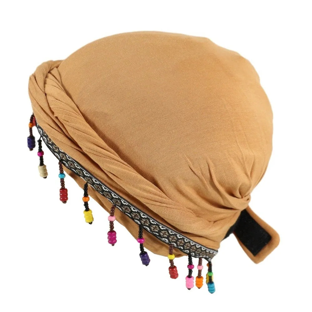 Bonnet Hat Elastic Colorful Beaded Headscarf Breathable Hijab Pre-tie Head Wraps Dome Indian Style Jacquard Pullover Cap Gifts