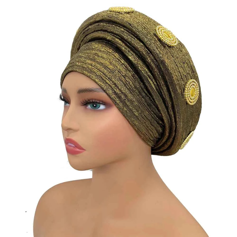 Already Made African Headtie Glitter Diamonds Women's Turban Cap Female Head Wraps Nigeria Wedding Auto Geles Party Headwear Hat