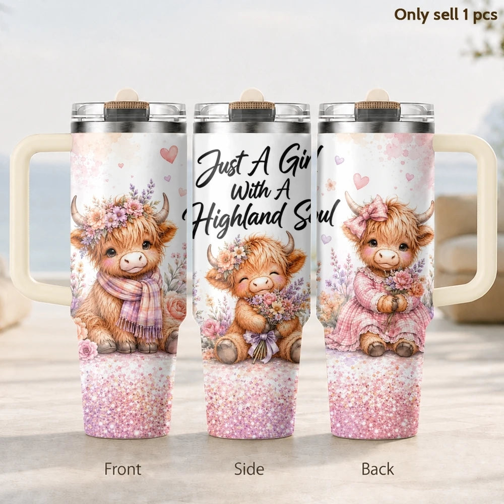 40oz Highland Cow Tumbler – Happy Life Insulated Stainless Steel Travel Mug