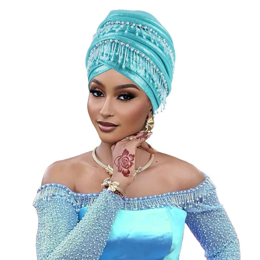 Fashion Turban Cap for Women African Lady Head Wraps with Beading Tassels Nigeria Weding Party Hat Headwear
