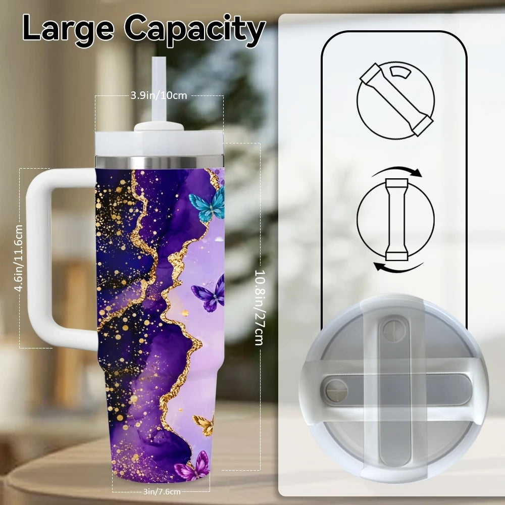 40oz Purple & Gold Glitter Tumbler – Insulated Stainless Steel Travel Mug