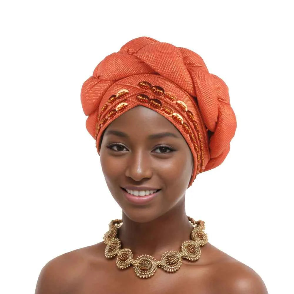 2025 Latest African Auto Gele Headtie Already Made Headties Shinning Turban Cap for Women Ready Nigerian Hijab Braid Head Wraps