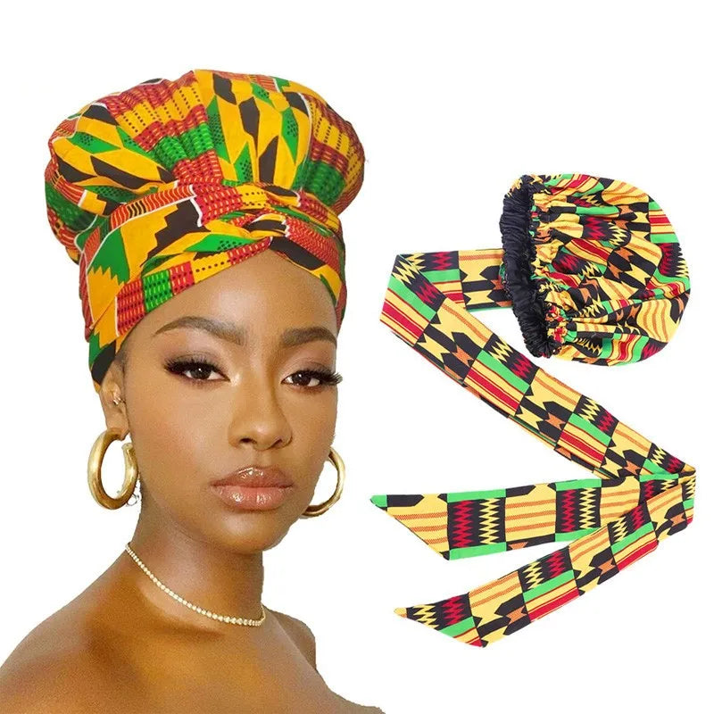 Satin Lining African Pattern Bonnet With Long Ribbon Women's Head Wrap Turban Cap Floral Print Ankara Hair Bonnet Hat - NamafadStore