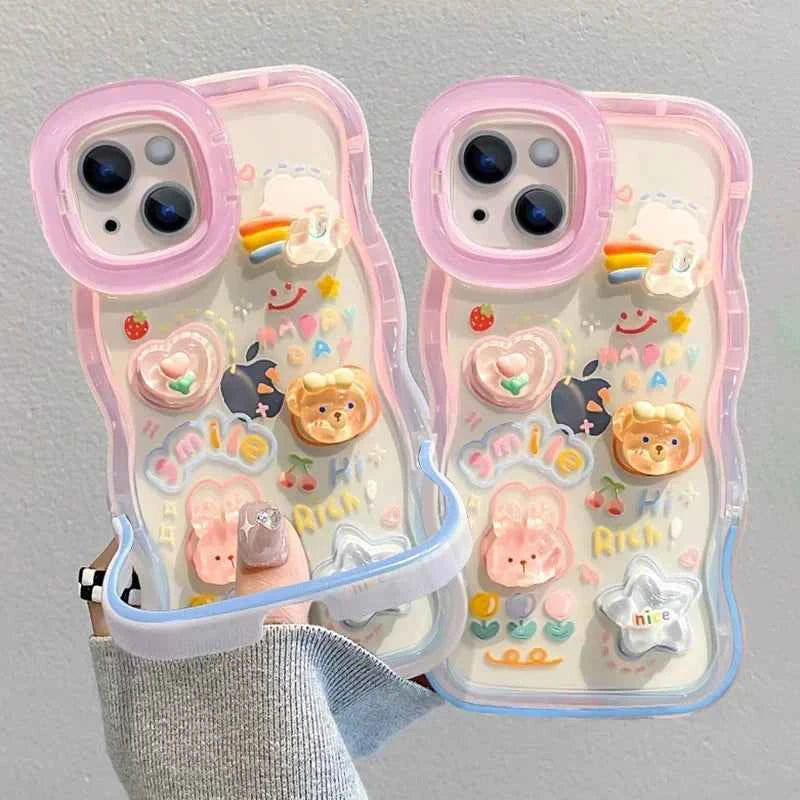 Bead Bracelet Chain Phone Holder Case For iPhone 15 16 17 14 13 12 11 Pro Max Plus XS XR 3D Rainbow Bracket Holder Stand Cover