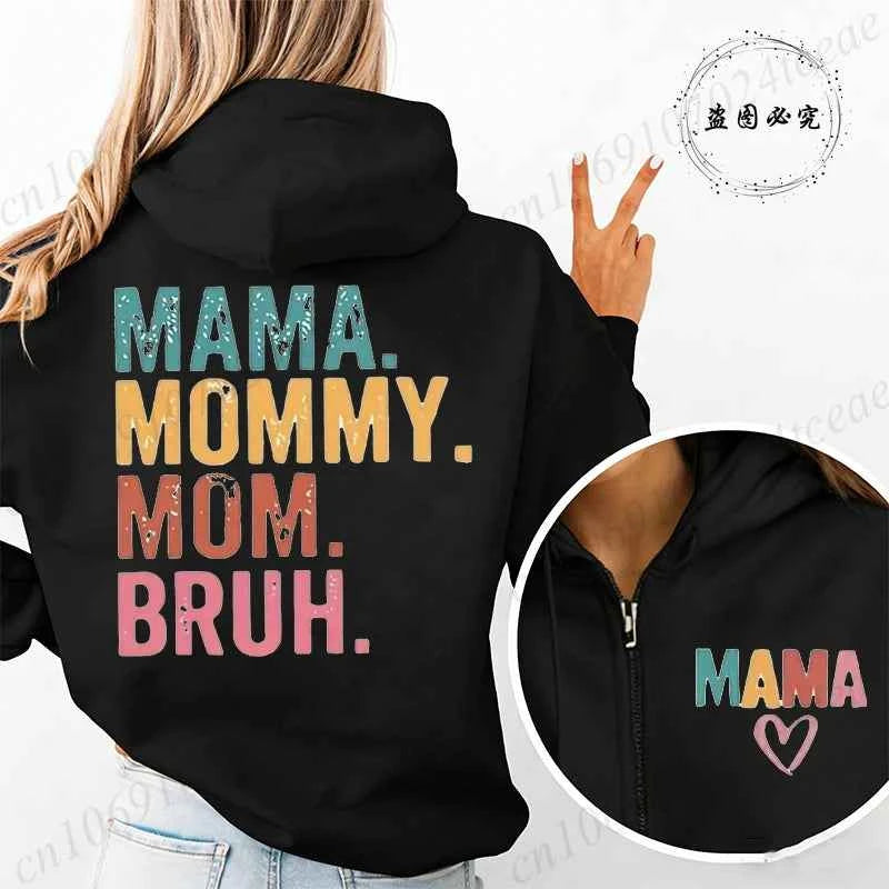 Women's Mama Graphic Fleece Hoodies Casual Long Sleeve Sweatshirts Mama Mommy Mom Bruh Print Zip Up Hooded Hoodies Tops Gifts
