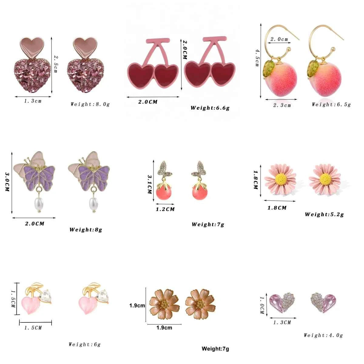 Fashion Pink Crystal Heart Flower Earrings for Women Cute Party Romantic Hollow Leaf Peach Triangular Cherry Pearl Ear Jewelry