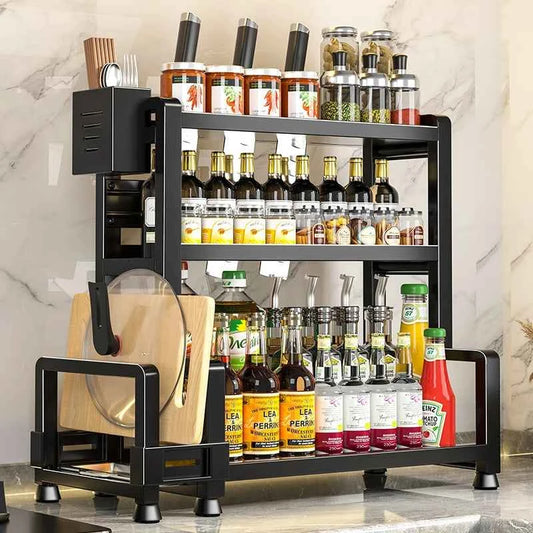 2-3 Tier Adjustable Metal Spice Rack Organizer, Freestanding Multifunctional Kitchen Storage Rack with Spice Protection Fixtures, Kitchen Organizer and Storage, Sturdy Shelf/Hook Structure, Knife Storage Rack, Compact Design,