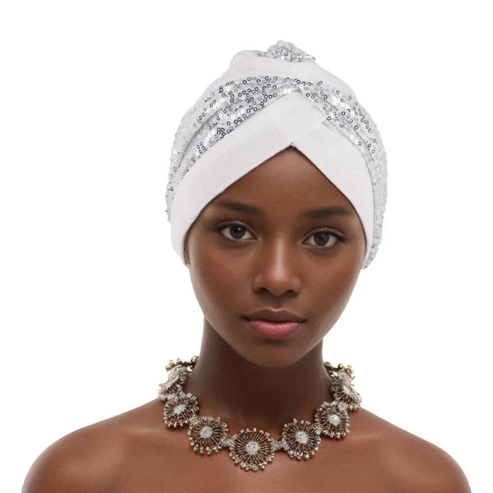 Shining Sequins African Turban Cap Female Head Wraps Muslim Headscarf Bonnet Hijab Hat Nigeria Wedding Party Headpiece - NamafadStore