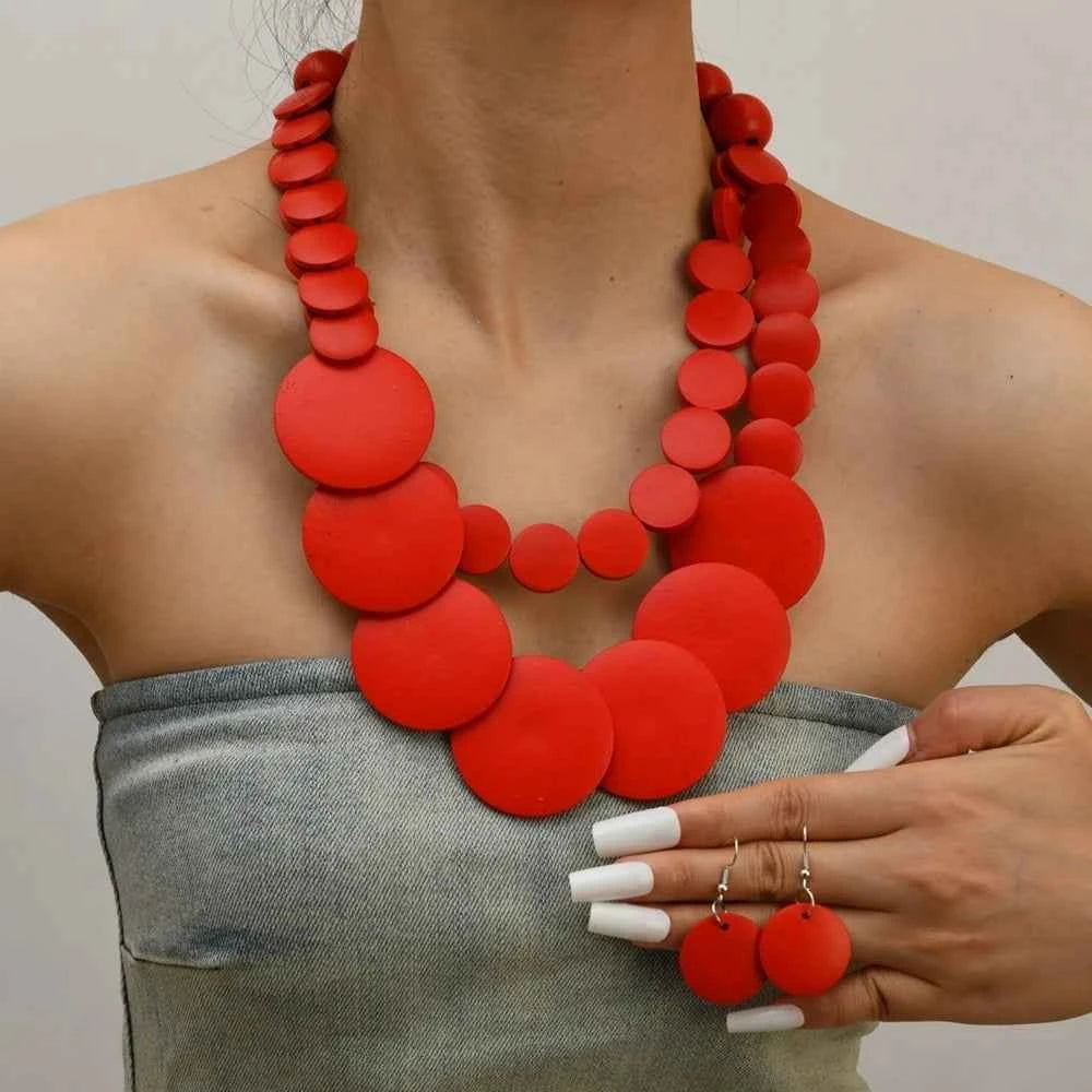 African Jewelry Bohemian Colored Geometric Round Wooden Beads Handmade Bead Necklace And Earrings Women's Party Accessories