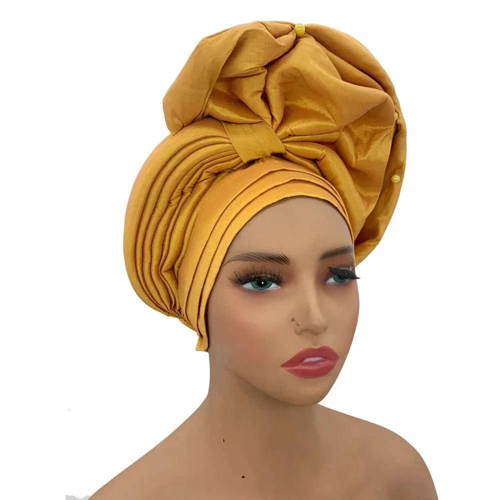 African Female Head Wraps Raw Silk Turban Cap for Women Nigeria Wedding Party Headcover Hat Ready to Wear Head Ties