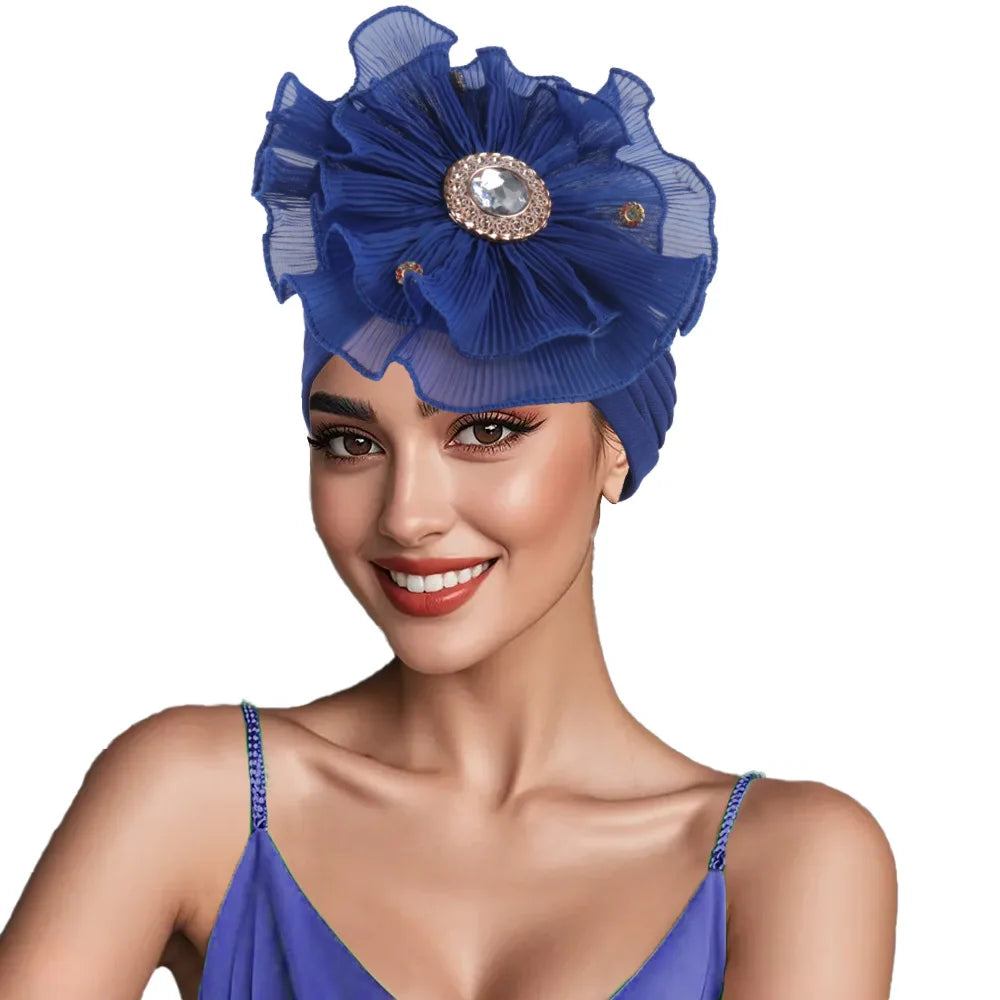 Trendy Crinkle Women's Hijab Solid Color Muslim Ladies Turban Bonnet Flower Decor Ramadan Head Wrap Head Scarf Indian Hat Mujer - NamafadStore