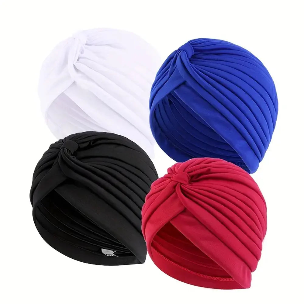 4pcs/set Solid Color Turban Cap Elastic Bonnet Head Scarf Women Chemo Hats Casual Pleated Head Wrap - NamafadStore