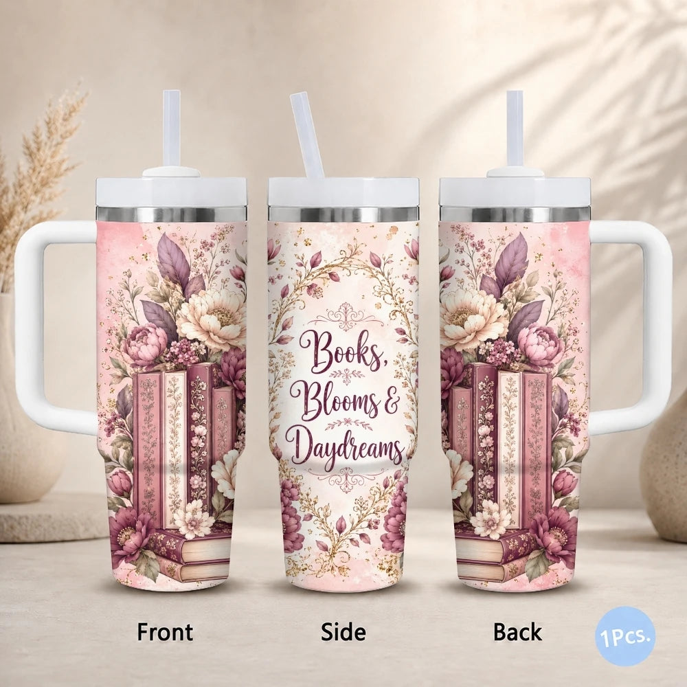 Floral & Book Lover 40oz Tumbler – Insulated Stainless Steel Cup with Straw
