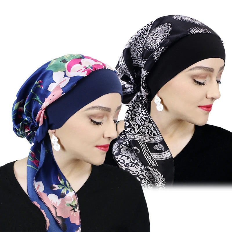 Printed Pre-tie Headscarf Women Elastic Muslim Female Turban Cancer Chemo Hat Hair Loss Cover Head Wrap Headwear Stretch Bandana - NamafadStore