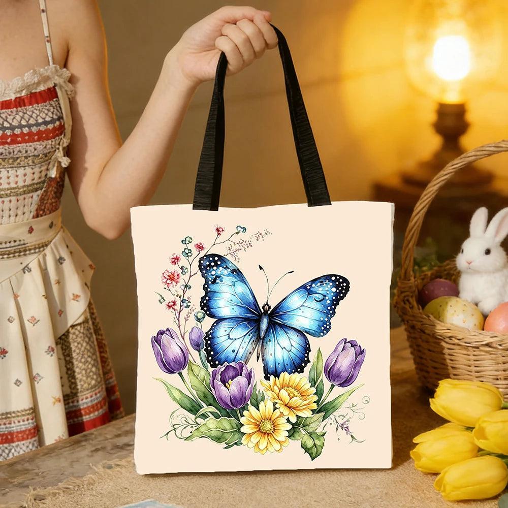 1pc Watercolor Blue Butterfly Floral Canvas Tote Bag – Vibrant Botanical Print with Tulips, Daisies & Wild Sprigs, Eco-Friendly