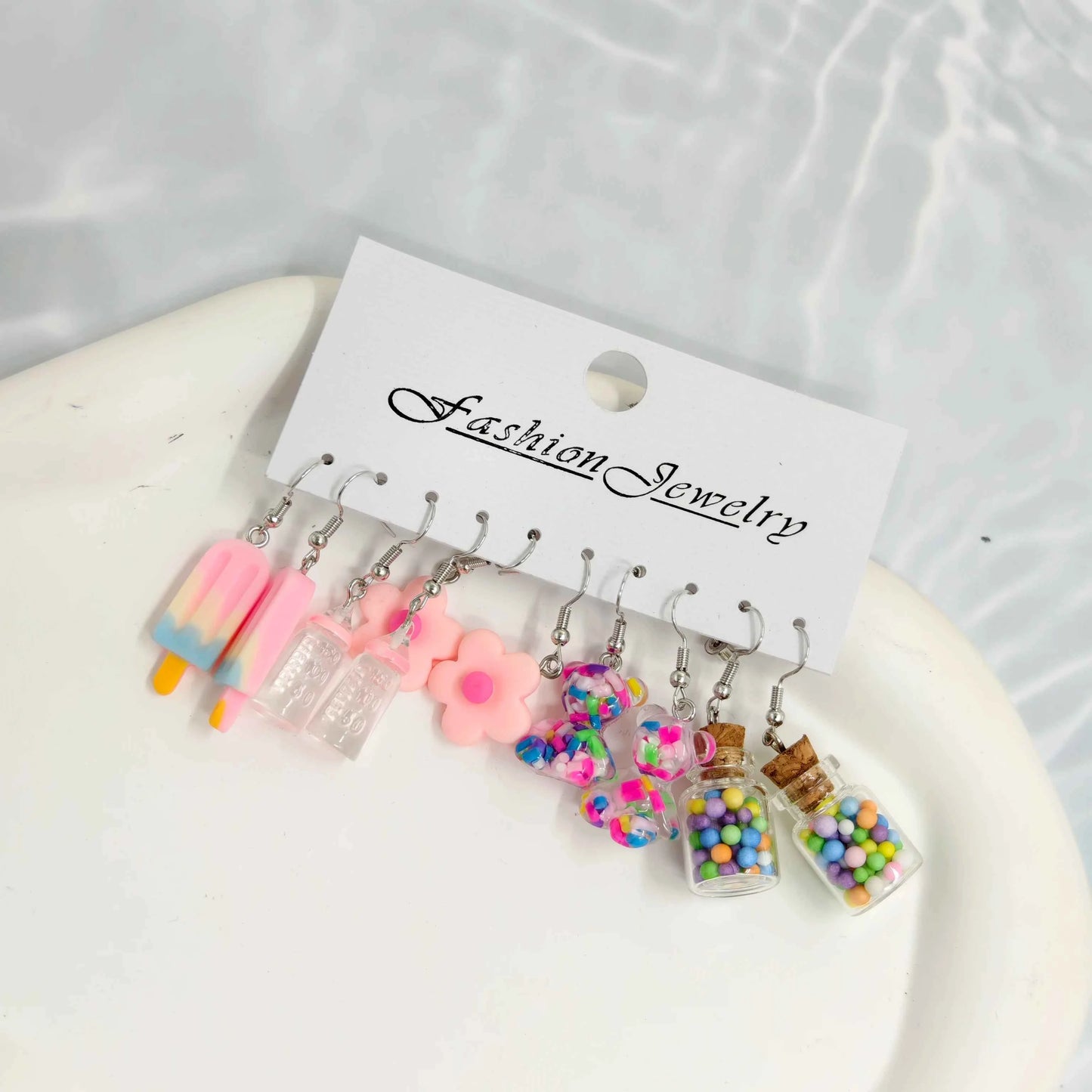 Cartoon Animal White Horse Daisy Wishing Bottle Resin Simulation Food Ice Cream Earrings White Set