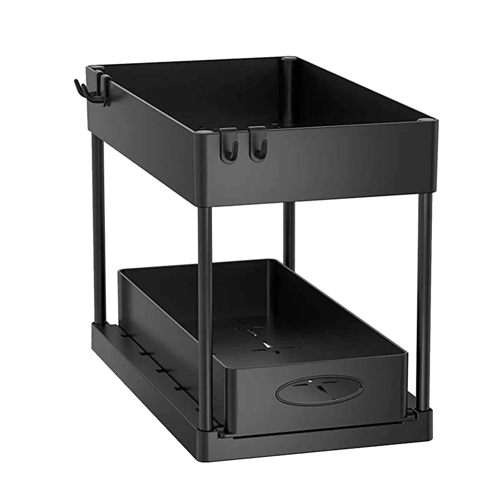2 Tier Under Sink Organizer Sliding Cabinet Basket Organizer Storage Rack with Hooks Hanging Cup Bathroom Kitchen Organizer