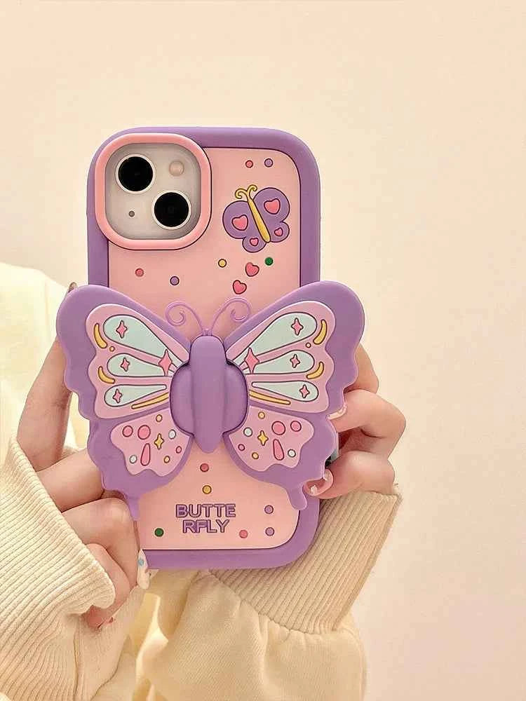 Ins Fashion Lovely Purple Butterfly Holder Stand Case For iPhone 17 15 14 13 16 Pro Max Soft Silicone Phone Cover