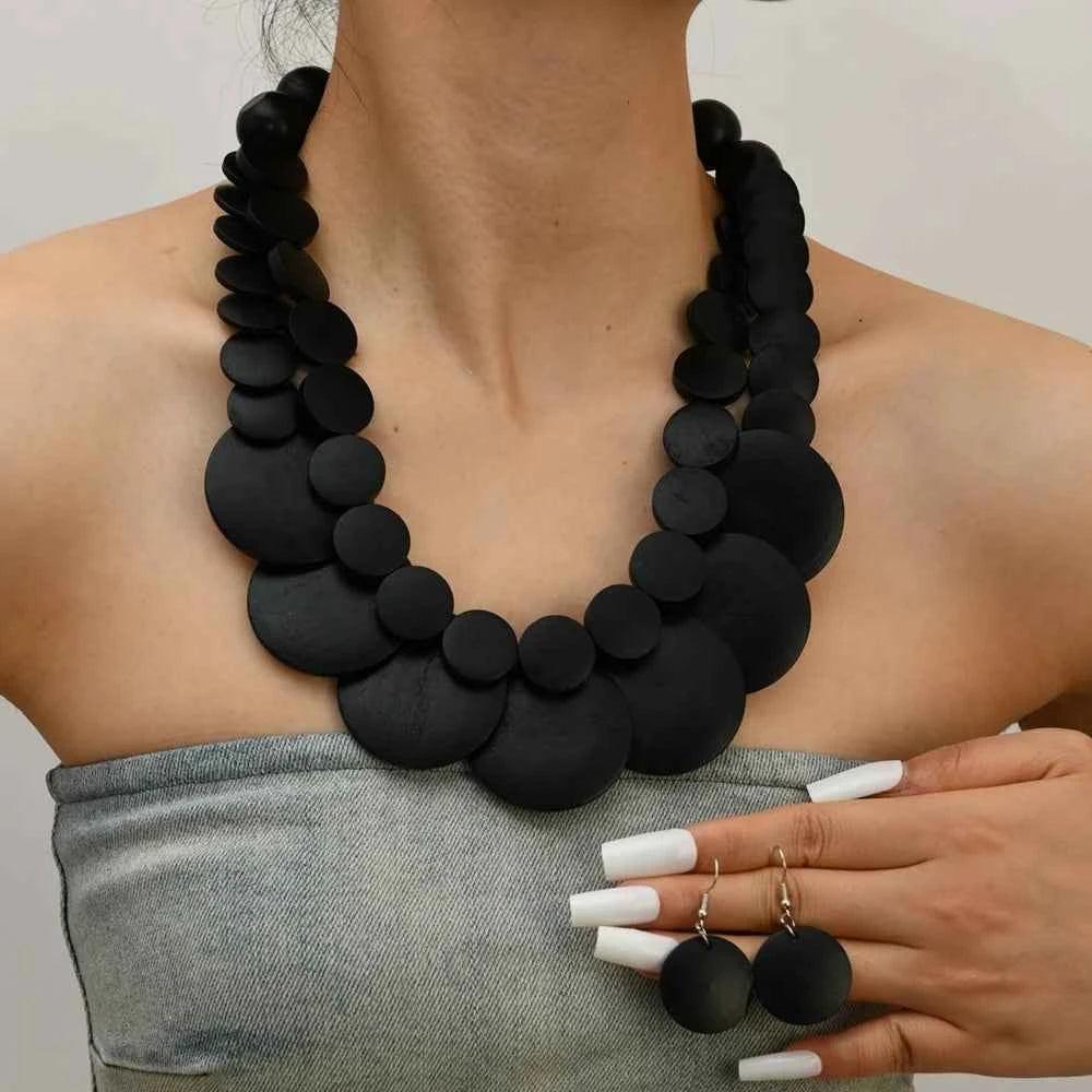 African Jewelry Bohemian Colored Geometric Round Wooden Beads Handmade Bead Necklace And Earrings Women's Party Accessories