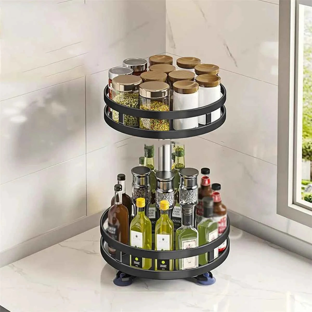 360°Rotation Spice Rack Organizer Jar Cans For Kitchen Accessories Non-Skid Carbon Steel Storage Tray For Seasonings And Spices