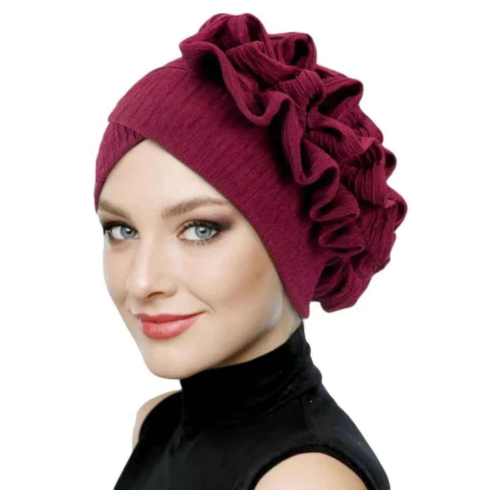 Elegant Elastic Flower Turban Hat Women Ruffle Flower Edge Pre Tied Bonnet Ramadan Chemo Cap For Wedding