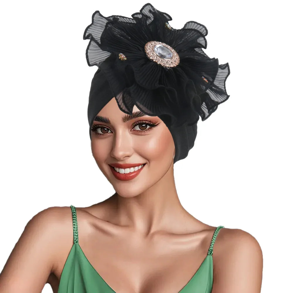 Trendy Crinkle Hijab Solid Color Muslim Ladies Turban Bonnet with Flower Decor for Ramadan and Everyday Wear