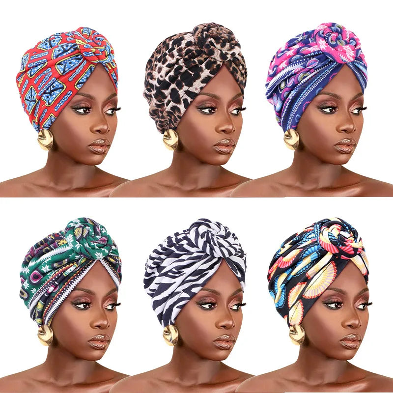 New African Print Pleated Turban Floral Beanie Knot Flower India Head Wrap Elegant Women Chemo Cap Bandana Headwear Head Cover - NamafadStore