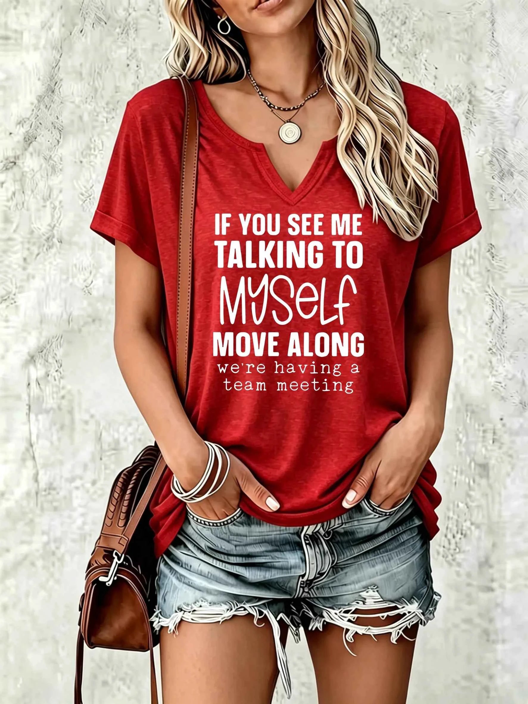 Women Summer V Neck T-shirt, Funny Team Meeting Slogan Letter Print, Soft Casual Humor Daily Basic Tee for Ladies