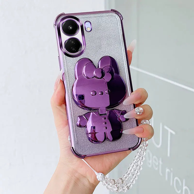 Luxury Shockproof Phone Case with Cute Rabbit Makeup Swivel Stand Crystal Lanyard For Xiaomi Redmi 13C 4G Poco C65 Back Cover