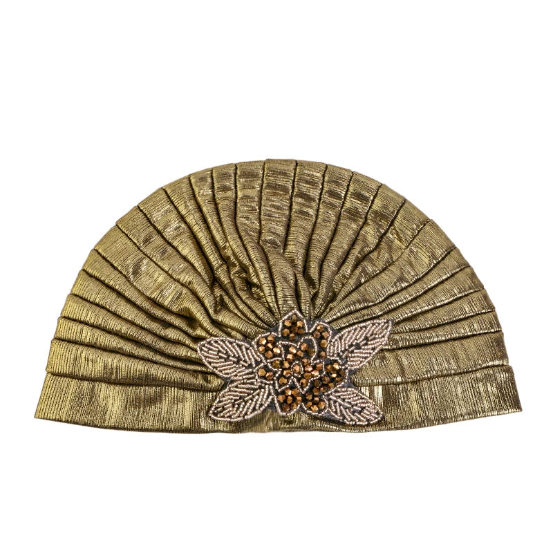 New Women Rhinestone Flower Pleated Turban Cap Ethnic Indian Hat Vintage Non Slip Head Band Chemo Cap Beanies Hair Accessories - NamafadStore