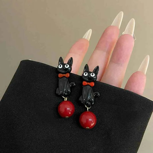 Sweet Cartoon Black Cat Cool Earrings Fashionable Women Girls Personality Temperament Red Pearl Pendant Earrings Simple Gift