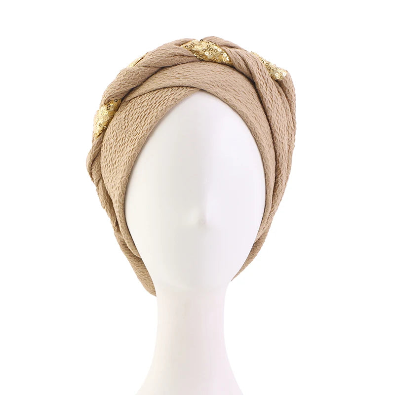 New African Headband Turban Cap Muslim Fried Dough Twists Braid Head Cap Islamic Chemo Hair Care Hats Beanie Headscarf - NamafadStore