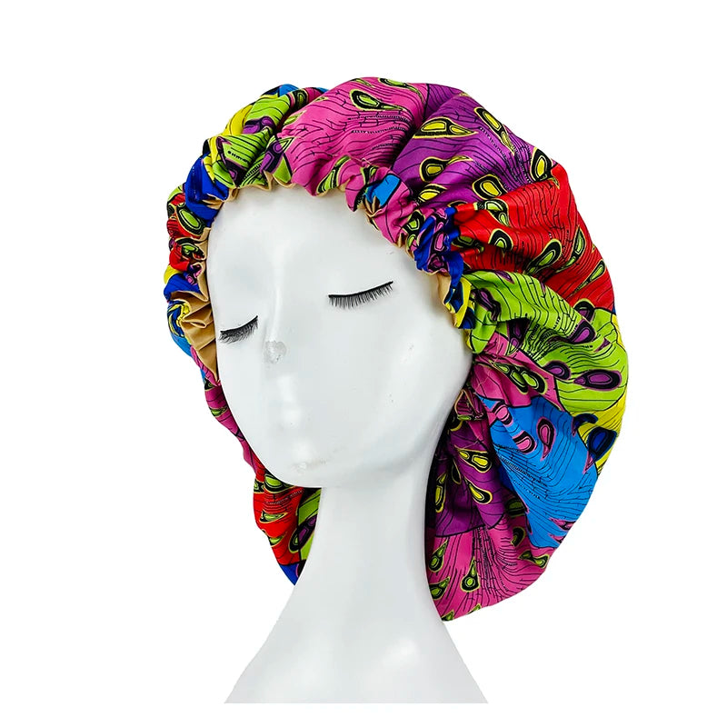 New Big Print Ankara Women Satin Bonnet Head Cover Silky Satin Elastic Sleep Cap Ladies Head Wrap Hat Hair Accessories Fashion - NamafadStore
