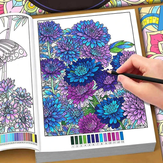 Coloring book page with purple and blue floral design and numbered color boxes