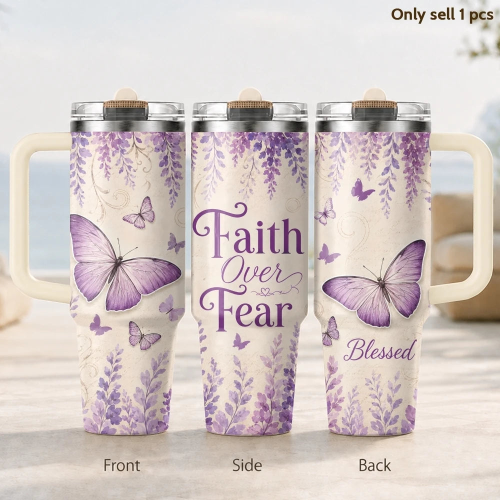 Purple Butterfly 40oz Tumbler – Floral Stainless Steel Insulated Cup with Straw