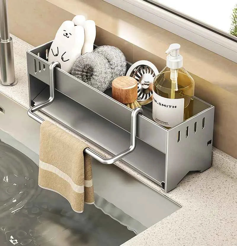 1pc Stainless Steel Kitchen Storage Rack Large-capacity Rag Sponge Draining Rack Household Sink Storage Rack Kitchen Organizer