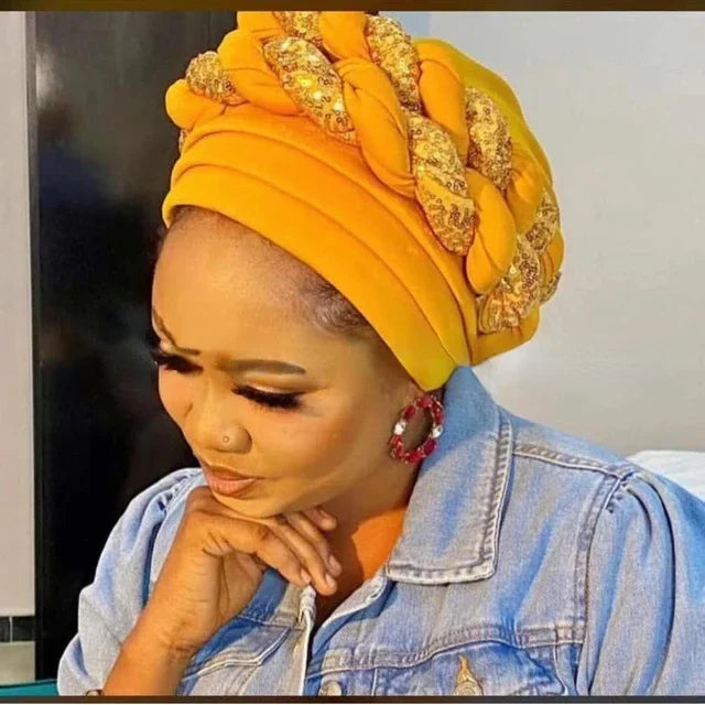 Women Braid Turbans Latest African Headtie Ladies Sequin Head Wraps African Aso Oke Winter Headtie Negerian Wedding Gele Caps