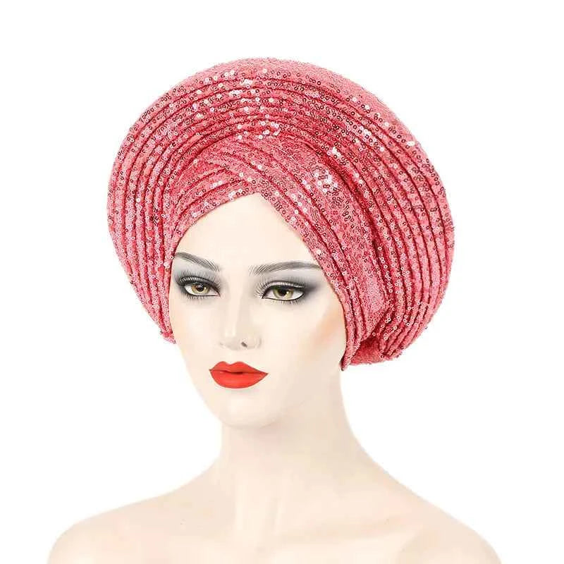 2025 Sequins Turban Chemo Cap for Women Ready to Wear African Auto Gele Headtie Nigeria Wedding Geles Female Head Wrap Headpiece